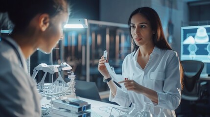 Poster - Presentation by a young, confident female specialist, explaining a 3-D blueprint to a colleague in a laboratory.