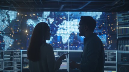 Wall Mural - An engineering team working at an advanced logistics technology company. Two individuals have a discussion on a screen with surveillance footage.