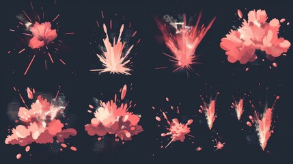 Poster - Game or animation sprites featuring pink powder or dust explosions. Set of modern graphics isolated on black background of cartoon explosions.