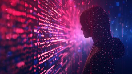 Wall Mural - Silhouette of a person surrounded by digital data in a futuristic environment, symbolizing technology, innovation, and communication.
