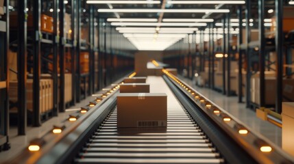 Poster - An automated conveyor belt sorting mechanism in a logistics center. An automatic engineering solution that handles and prepares packages for delivery to clients.