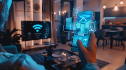 Poster - Infographics showing a smart home device with a light theme. Smartphone used to control a stylish house.