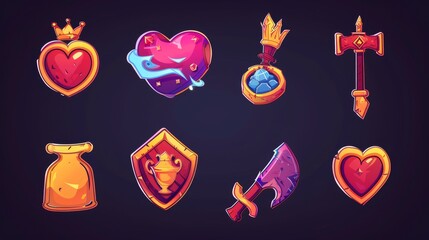 Poster - modern cartoon set with shield, sword, coins, potions, golden crown, and red flag for ui of rpg comp
