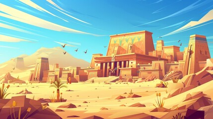 The monument is in the desert landscape of Deir al-Bahri, a world class Egyptian landmark. It is a world famous Egyptian attraction architecture building modern web banner.