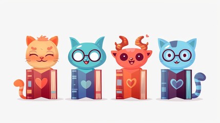 Sticker - A set of interesting cartoon characters with bookmarks and glasses on a white background. Modern cartoon icons of faces, hearts, cats, and devils on a yellow cover.