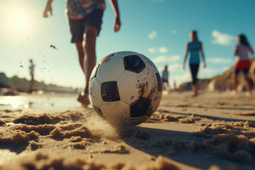 Friends playing football on the sand in sunny weather near the sea