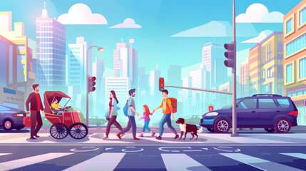 Wall Mural - This modern flat illustration depicts people walking on pedestrian crosswalks, as well as vehicles, traffic lights, buildings, and characters including a dog, a kid, a baby carriage, and a