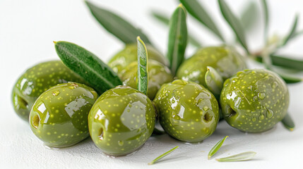 Wall Mural - Green olives with leaves isolated on white background