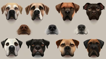 Wall Mural - Modern illustrations showing the snouts of dogs and puppies in various breeds. Brown and black noses of dogs and puppies.
