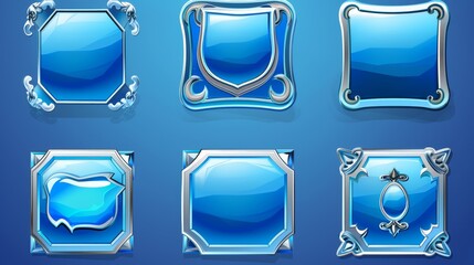 Wall Mural - An abstract cartoon set of square award badges, glossy achievement labels with fantasy metal borders isolated on a blue background.