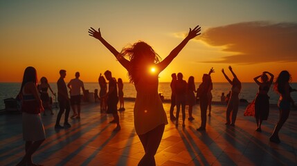 Joyful people dancing at sunset by the sea, celebrating life and happiness in a stunning natural setting with arms raised in joy.