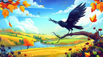 Wall Mural - In this autumn landscape there is a raven with spread wings, farming fields and a river. Modern illustration of countryside with a lake, farm lands and a crow perched on a tree branch.