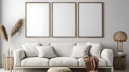 Three poster or photography frame mockup on the white wall in a Boho style interior with sofa and other furniture decor