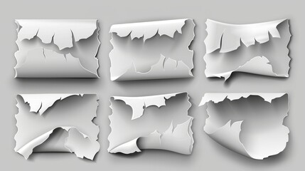 Poster - Ripped white sheet, ragged tearred teared and curled parts and peeling elements isolated on transparent background, Graphics set of 3D 3D modern illustrations.