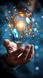 © Nathasa - Close up human hand with light bulb with hologram data background.