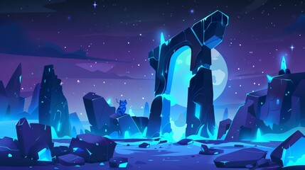 Wall Mural - Cartoon illustration of a superhero cat and a fantastic portal in a nighttime alien environment with cute kittens with mechanical wings and a stone arch illuminated with blue glow on a rock cliff.