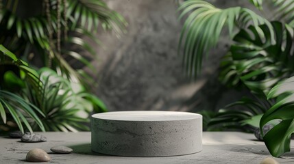 Wall Mural - An empty round gray stone pedestal stands ready to display cosmetics products, with a lush tropical leaves background enhancing its natural appeal. This mockup sets