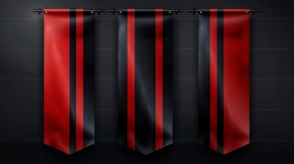 Poster - The modern realistic template includes fabric promotion posters, advertising striped canvas pennants hanging on a metal frame and stand.