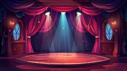 Poster - Stage with spotlights, red curtains, wooden floor. Theater interior with luxury velvet drapes, music hall, opera, drama cartoon background. Modern illustration.