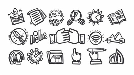 Symbols for business meetings, brainstorming, discussions and teamwork. Modern line art illustration of partner handshake, company teamwork, personnel training, project presentation, brainstorming.