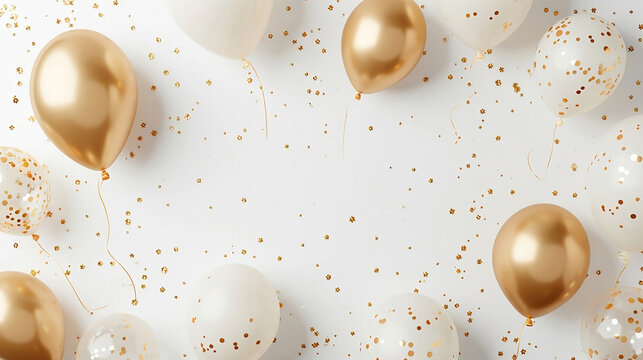 Golden balloons with confetti and ribbons.Party balloon on white background. Wedding postcards.Festive background with golden balloons and scattered golden confetti.