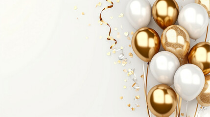 Golden balloons with confetti and ribbons.Party balloon on white background. Wedding postcards.Festive background with golden balloons and scattered golden confetti.