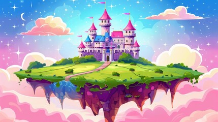 Poster - Castle on floating island with pink morning sky, fluffy clouds and crescent moon. Fantasy summer landscape with royal palace on flying ground piece with green grass. Cartoon modern illustration.
