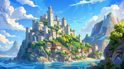 Sticker - This is an ancient fairy tale castle located on a sea island. It's surrounded by green hills and surrounded by birds in a summer landscape.
