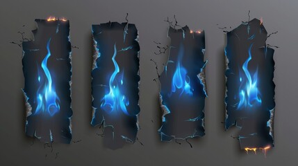 Poster - An isolated set of scorched and smoldering paper edges with smoldering magic flame on a gray background with blue fire and black ash. Borders and frames from scorched and smoldering torn edges with