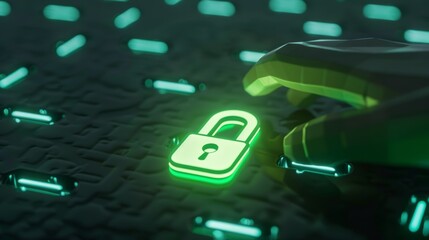 Poster - iconography of hand cursor pointing to green password bar with a lock icon. symbol of security prote