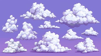 Poster - The fluffy white clouds are isolated on a lilac background. Cartoon modern illustration of soft, round, cottonlike piles of vapor floating in the heavenly sky. Great for game UI design.