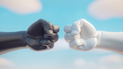 Poster - Sculpted illustration of fist bumping hands in 3D. Concept of international partnership, friendship, teamwork, cooperation, and power gesture in cartoon.