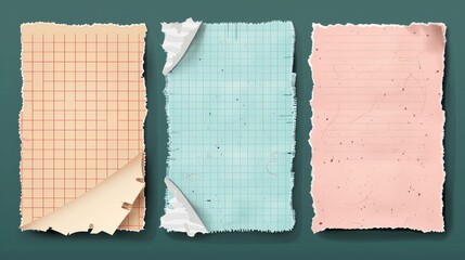 Poster - A set of torn pages from a notebook. Ripped paper sheets with a grid pattern and stripes. An old copybook and notepad page.