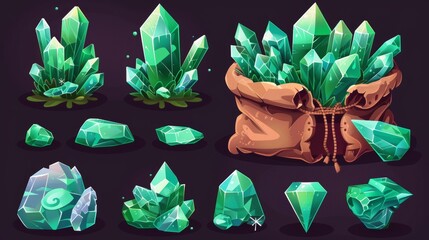 Wall Mural - Gemstone pile, treasure chest and sack filled with green mineral stones on dark background. Modern cartoon illustration of precious emerald crystals.