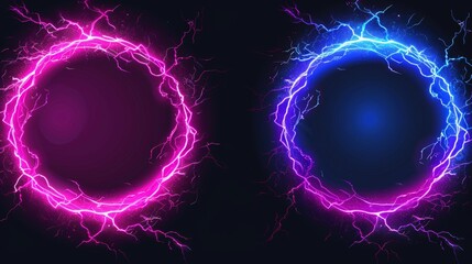 Poster - An empty banner template with an abstract thunder bolt border and circular frames of electric lightning with sparks and neon glow. Pink and purple sparking discharges in circle shapes.
