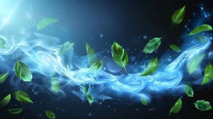 Wall Mural - Green leaves, wind vortex, glow swirl, menthol breath or detergent on transparent background. Realistic 3D illustration.
