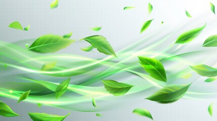 Wall Mural - Glow wave, wand trail, fresh green tea breath or detergent isolated on transparent background, 3d modern illustration, freshness effect. Green air and wind flowing with green leaves.