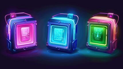 Poster - Modern cartoon illustration of sci-fi loot boxes with an electronic lock and neon lights isolated on a white background.