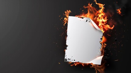 Poster - The burning of white paper pages with flame. Black scorched edges and flame falling in midair, modern realistic illustration isolated on transparent background.