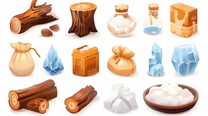 Wall Mural - A set of game resources with battery, wood, cotton and water in modern format. Cartoon illustration of a stone and a bag for dropping while progressing on a level. 3D battery charge or experience