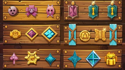 Wall Mural - Wooden boards with metal frames with game interface icons. Menu buttons, progress bars, store and gift banners made from brown wood panels, modern cartoon illustration.