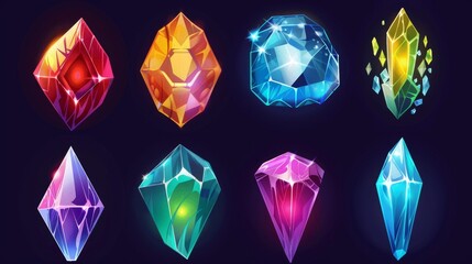 Wall Mural - An illustration of a cartoon set of diamond crystals isolated on a dark background. A gem stone with sparkling facets is depicted in this illustration. As part of a 3 match game UI design, this is an