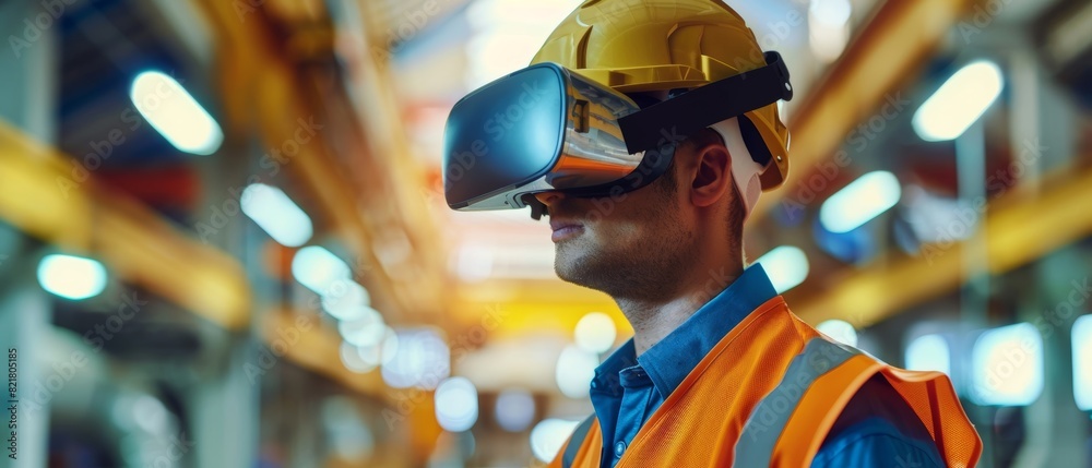 Construction worker using virtual reality headset to visualize project ...