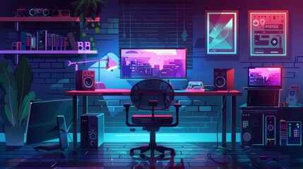 Poster - this is a neon streamer's room interior with desk and pc modern background. this is an illustration 