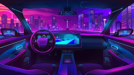 Wall Mural - Illustration of a car driving through the night all the way to the city. Cockpit interior view with dashboard modern. Street neon light in futuristic downtown architecture. Empty unmanned vehicle