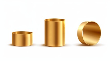 Poster - Modern isolated geometric gold 3D shape element on white background with realistic golden cylinders and half torus. Trendy geometric figure icon.