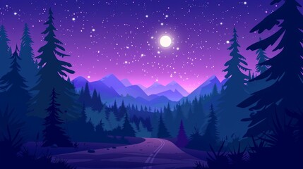 Wall Mural - An empty dark purple nature pine tree silhouette with a highway overpass and full moon light in the forest. Cartoon illustration of a black and white night road in the forest. A full moon with