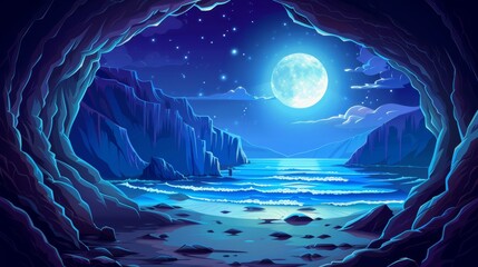 Wall Mural - An aerial view of a night mountain river landscape inside a cave in a cliff near a fantasy lake shore with the full moon shining in the sky. The entrance to a secret cave in a cliff near the sea.