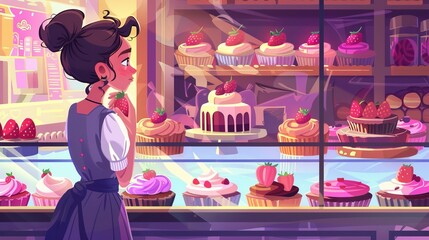 Woman admiring desserts through confectionery window. Cartoon illustration of female character admiring strawberry cake, muffins, and colorful sweet cupcakes.