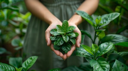 Close-up of hands holding green plant surrounded by lush foliage, symbolizing gardening, nature, and environmental care.